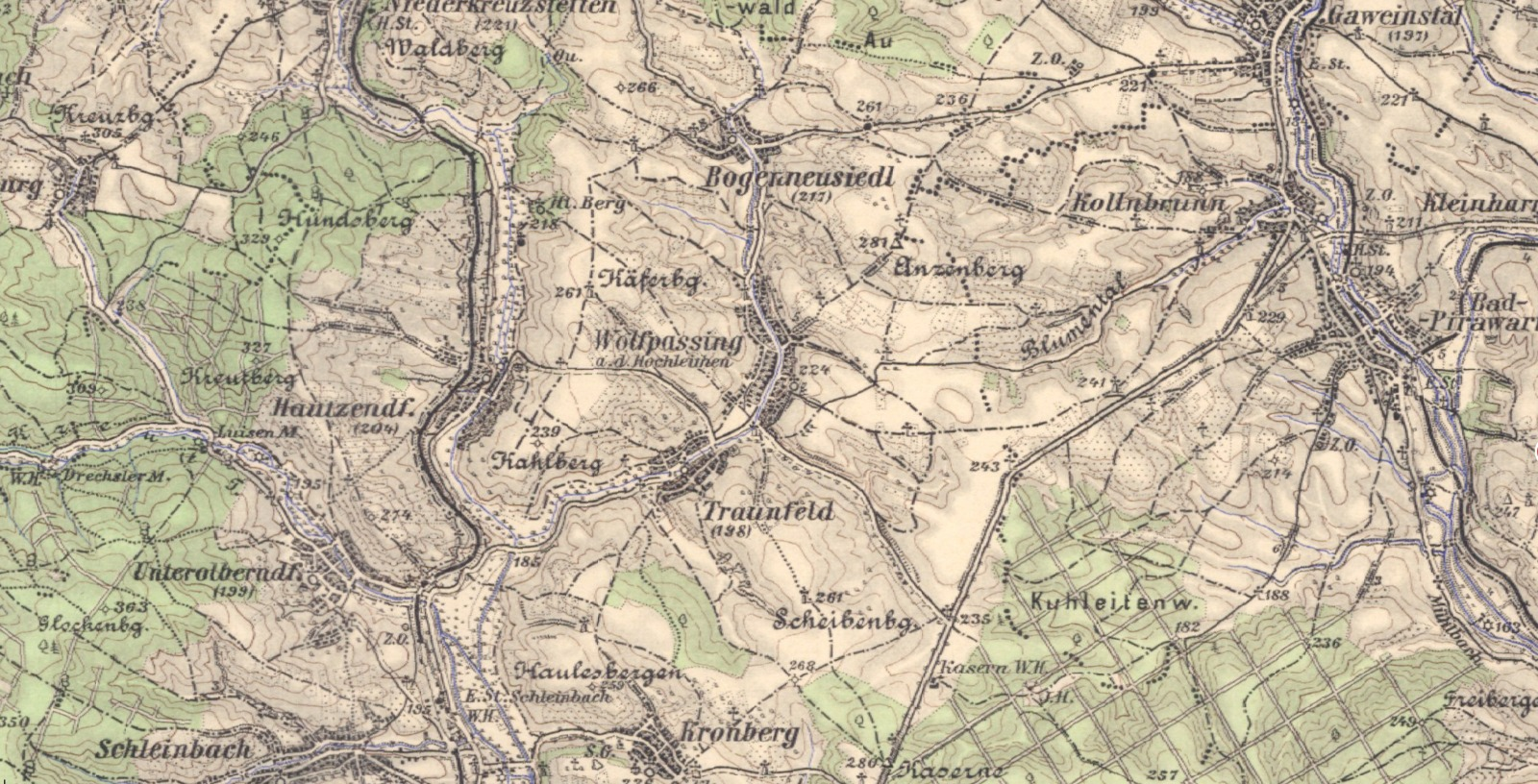 Historische Landkarte mit Wolfpassing und seiner Umgebung